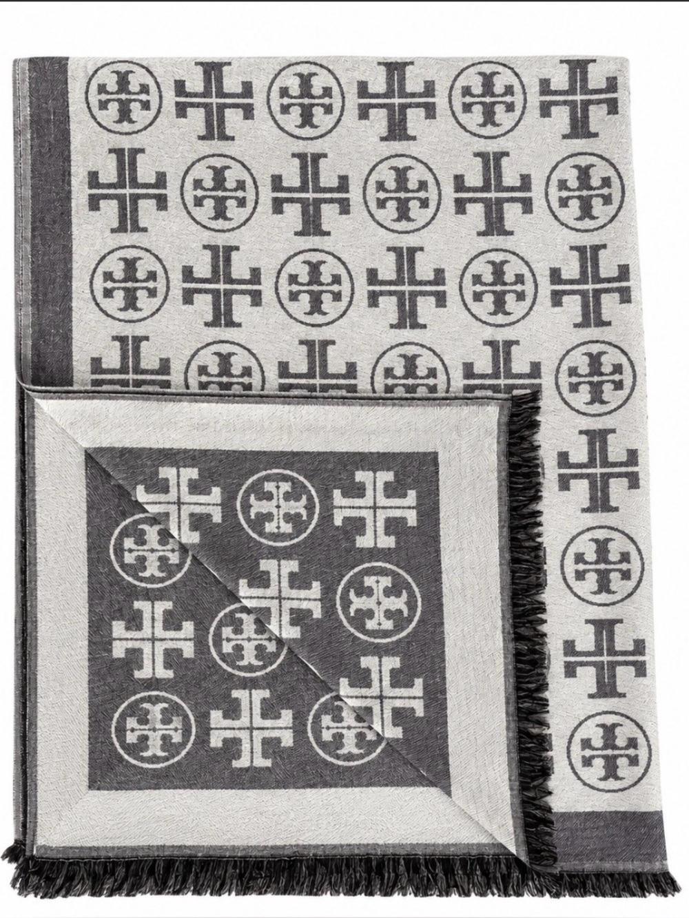 Tory Burch T Monogram Jacquard Fringe Scarf Silk Wool Cashmere All Over Print